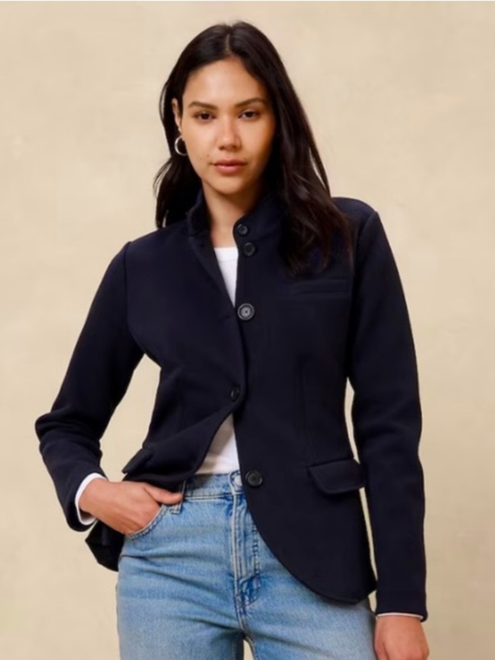 Banana Republic Knit Pique Single Breasted Blazer Jacket Preppy Navy Small